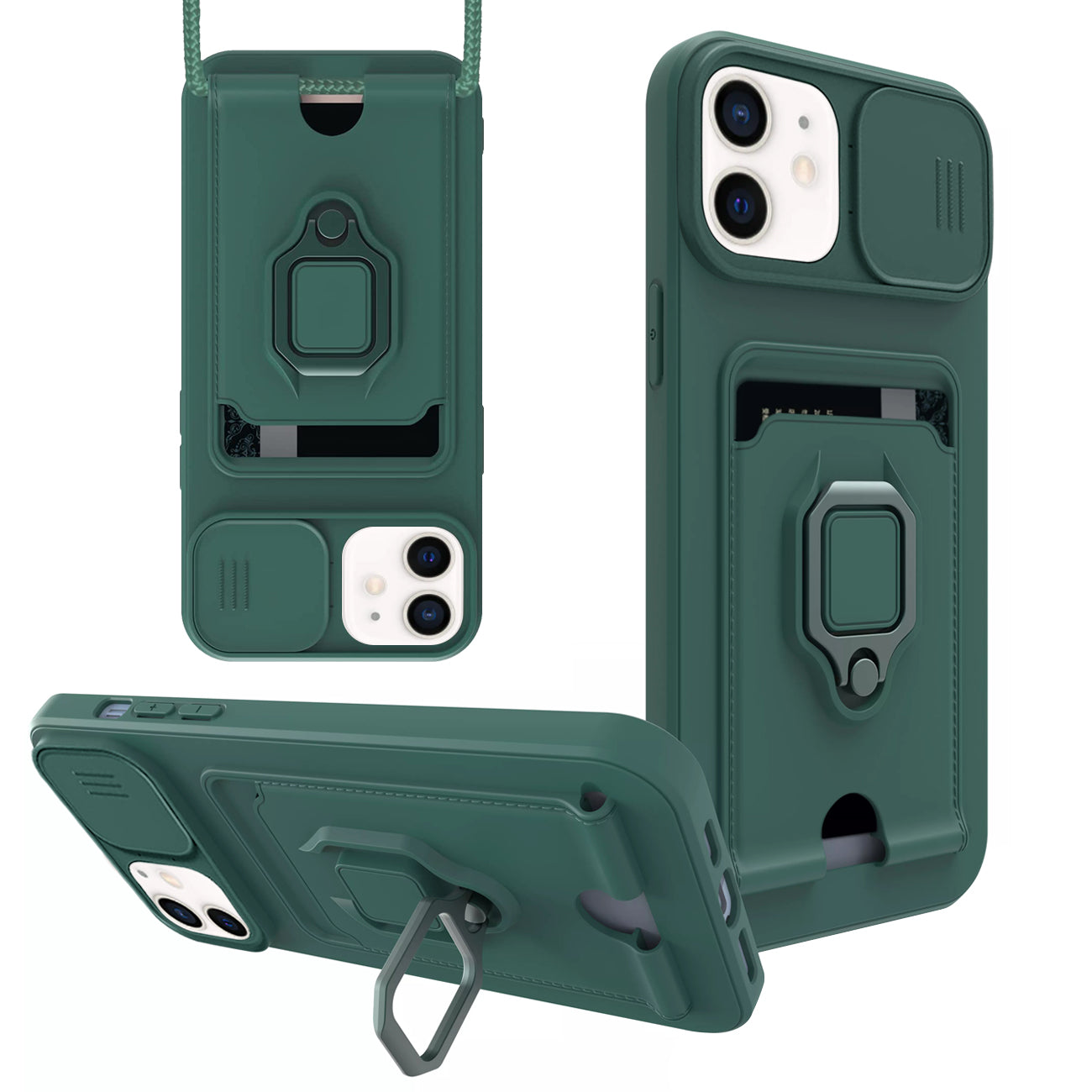 High Quality iPhone 12 Case with Camera cover, Kickstand, Slide lens protection, Magnetic ring stand, Crossbody strap and Card holder In Green